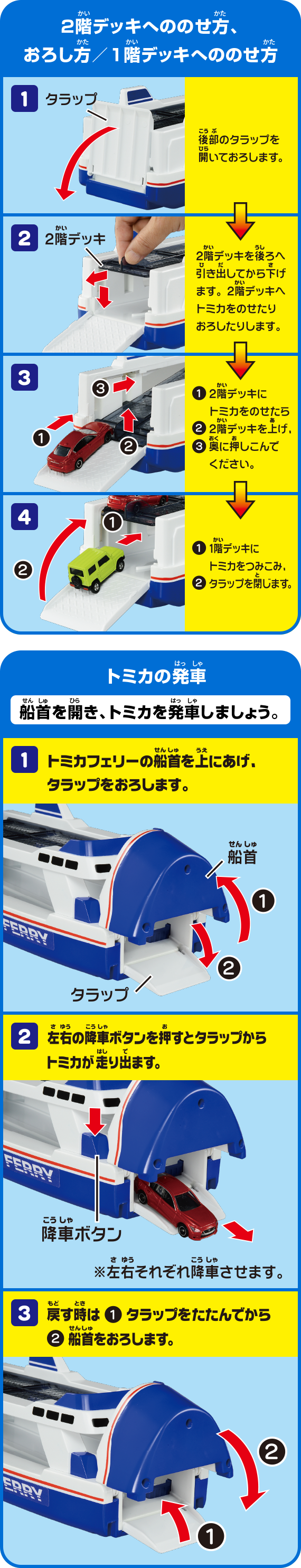 2階デッキへののせ方、おろし方／1階デッキへののせ方　トミカの発車