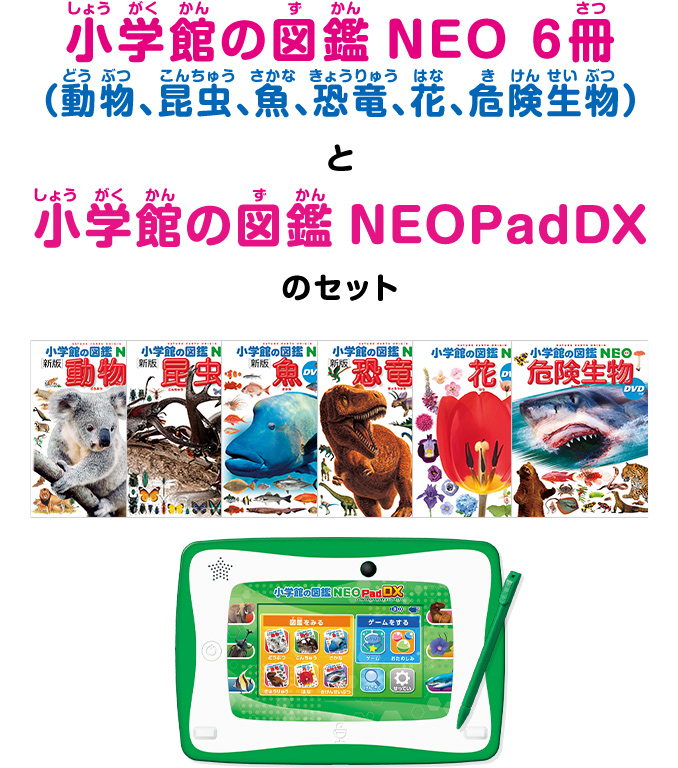 小学館の図鑑NEO 6冊（動物、昆虫、魚、恐竜、花、危険生物）と小学館の図鑑NEOPadDXのセット