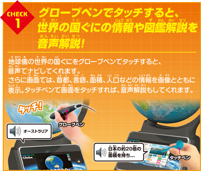 CHECK 1 グローブペンでタッチすると、世界の国ぐにの情報や図鑑解説を音声解説！