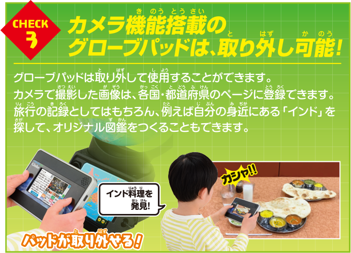 CHECK 3 カメラ機能搭載のグローブパッドは、取り外し可能！